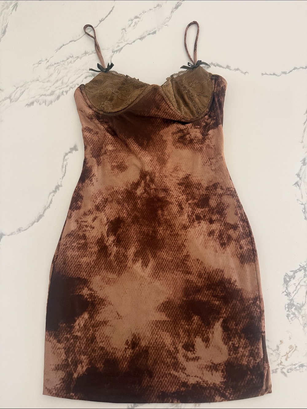 Brown Tie-Dye Mini Slip Dress